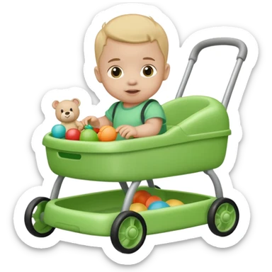 green baby walker with toys on it and on baby sticker