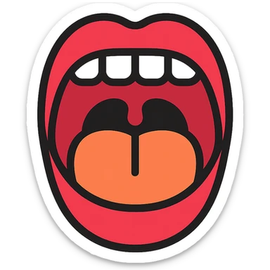 Schematic open mouth with visible tongue, symbolizing speech articulation and sound practice. Vector style, clean and sharp lines. Include realistic shadows and light reflections for depth. Minimalistic, educational design. Transparent background. High contrast between tongue, teeth, and lips for clarity. Flat illustration with soft shading, suitable for speech therapy materials sticker