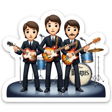 Rock music icon: The Beatles performing live on stage. John Lennon with guitar, Paul McCartney with bass, George Harrison with guitar, Ringo Starr on drums. Bright lights, energetic performance. Transparent background. sticker