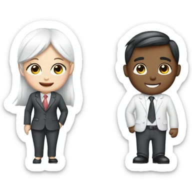 a girl and a boy businessman, both with white skin and cute suits with a smile sticker