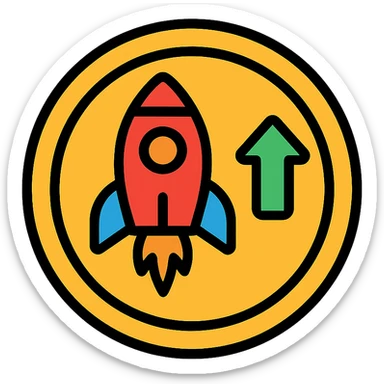 golden coin with a rocket and upward arrow, symbolizing crypto trading success, color outline style sticker