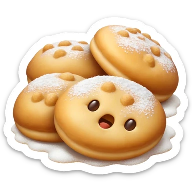 Cinematic Realistic Fritule Dessert Emoji, featuring small, fluffy dough balls dusted with powdered sugar rendered with delicate textures and warm, inviting lighting. sticker