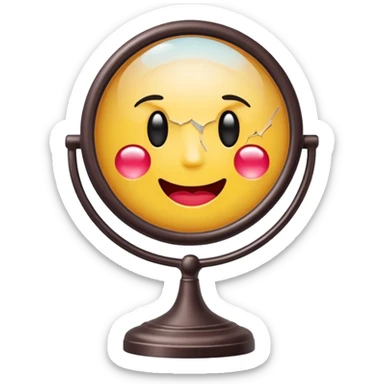 Minimalist emoji-style sticker of a vanity mirror with dim bulbs and cracked glass, words “Am I real yet?” smeared in dusty lipstick tone


 sticker