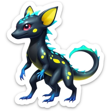 Colorful Neon Exotic Salandit-Aurorus-Umbreon-Fakémon-hybrid-creature with iridescent splash markings (full body)  sticker