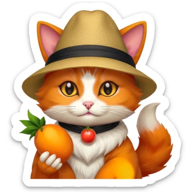 Cat wearing a hat and has a kitsune fruit in her hand sticker
