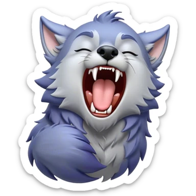 Cinematic Cute Yawning Werewolf Portrait Emoji, with a cuddly, miniature lupine form in soft moonlit grays and silvers, head leaning back in a big, adorable yawn that reveals a few fuzzy teeth, simplified yet irresistibly charming, highly detailed with a soft glowing outline that captures the drowsy, playful essence of a werewolf mid-nap! sticker