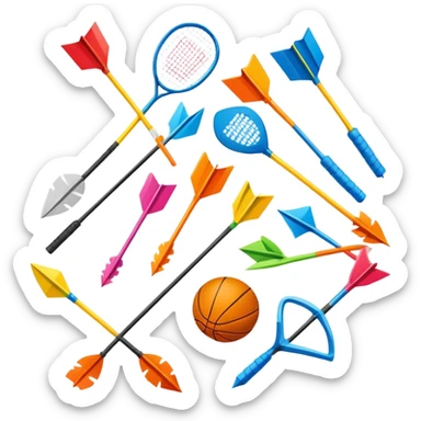 A collection of colorful sports equipment with dynamic growth arrows sticker
