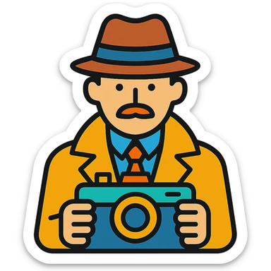 1930s private detective with camera, colorful icon with black outlines sticker