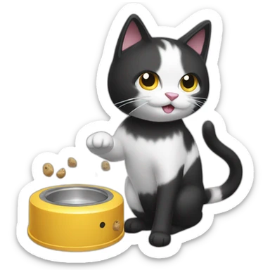 A black and white cat fighting with a pet feeder machine sticker
