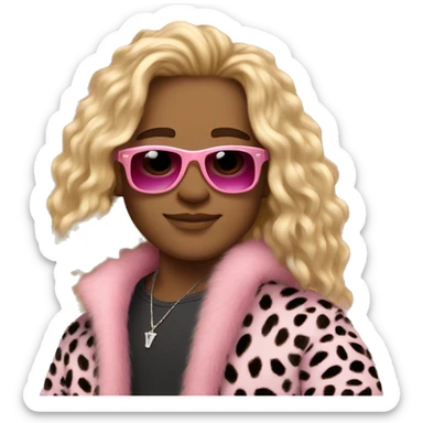 1boy, wild blonde long hair, cheetah print fluffy coat, pink sunglasses, tan skin sticker