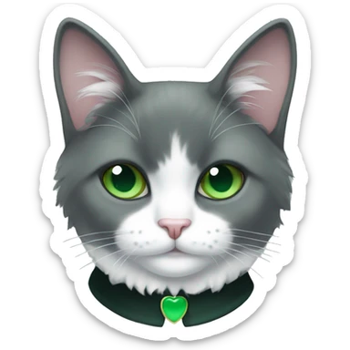 fluffy tuxedo cat with green eyes and green collar sticker