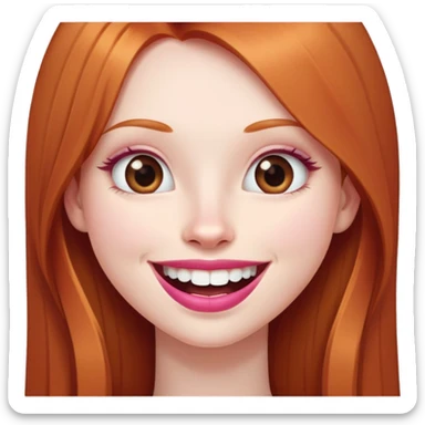 Young girl with pale skin, very long face, full pink lips smiling with big teeth, very long straight auburn hair (lighter ginger, not intense red), big brown eyes, big nose, big mouth sticker