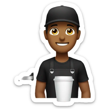 barista making coffee in black apron and black t-shirt in cap sticker