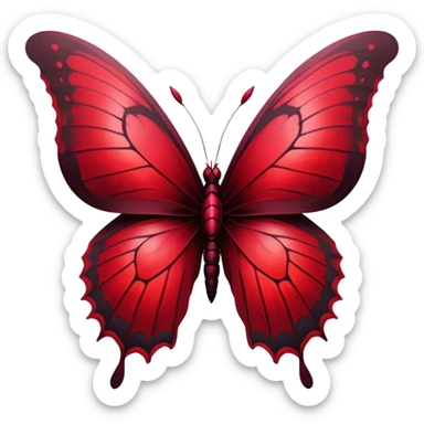 A stunning red butterfly in Gothic style, its wings shimmering in ruby, scarlet, and burgundy hues, takes center stage, while dark, shadowy crosses fade into the misty background. The contrast between its vibrant beauty and the eerie surroundings creates a haunting yet mesmerizing atmosphere. sticker