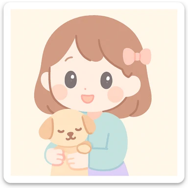 A pale girl with brown shoulder-length hair tied with a ribbon hairclip, holding a dog sticker