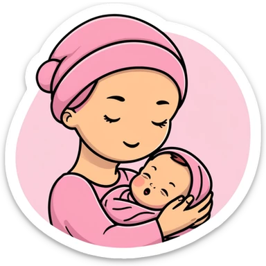 mother tenderly holding sleeping newborn baby wearing pink knit hat sticker
