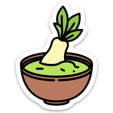 Wasabi root and ground wasabi paste in a bowl sticker