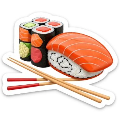 Japanese cuisine humanless avatar in minimalist emoji-style illustration. Sushi, roll and 2 chopsticks, clean lines, red white colors, flat design, calm and modern. sticker