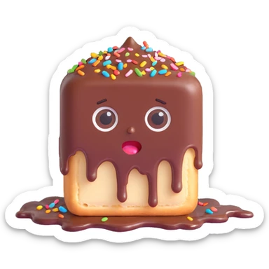 Rectangular chocolate mini pastry, messy chocolate dripping, sprinkles flying, surprised eyes, open mouth, text above: "ПАСТИЧКА", chibi style, Twitch emoji style, transparent background, colorful
 sticker