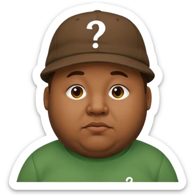fat man with brown cap and green t shirt printeed a question mark sticker
