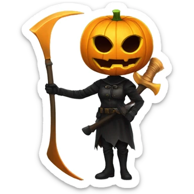 Human female pumpkin hunter with a scythe, glowing pumpkin eyes inside a black helmet, Halloween theme, emoji" sticker
