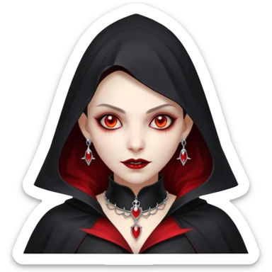 vampire village woman portrait, head and shoulders only, dark gothic cloak collar, sharp fangs, red glowing eyes, elegant yet eerie expression, subtle jewelry, 3D cartoon, mobile game icon style, clean background, no text, no watermark sticker