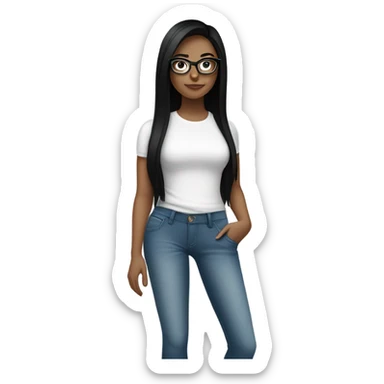 White girl with straight black hair and glasses wearing a white crop top and jeans glasses full body sticker