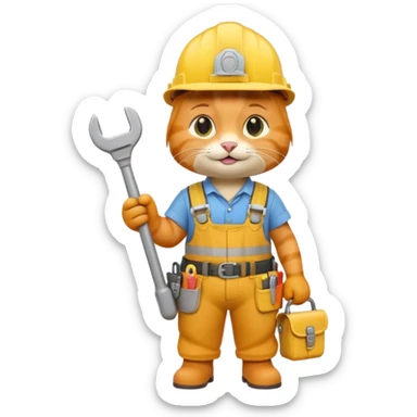 orange tabby cat wearing yellow hard hat holding tiny wrench, standing upright with tool belt, 3D emoji style sticker