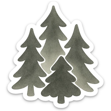 illustration of evergreen trees in Slavic folk art style, dark neutral forest color tones, watercolor texture with outlines, transparent background, suitable for favicon sticker