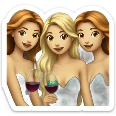 Three beautiful mermaids (two brown hair and blond one) drinking wine sticker