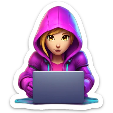 Girl developer behind his laptop with this style : Nintendo Samus Video game neon glowing bright purple character pink lack hooded hacker themed character sticker