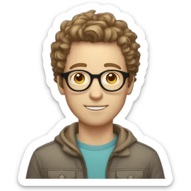 Pale skinned guy with short curly brown hair and circle glasses sticker