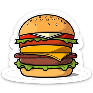 burger de chez Quick with soft bun, steak, cheese, sauce, cartoon sticker style sticker