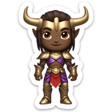 Humanoid with purple skin color, red eyes, pointed ears and Oni horns, has long straight brown hair, and wears royal gold armor sticker
