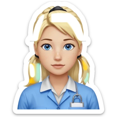 Just a head, blonde hair with lowlights in a ponytail, blue eyes, some freckles, a little older female ready to get some tasks done at work sticker