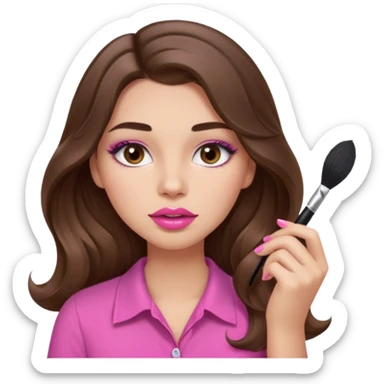 girl with long wavy brown hair, brown eyes, light to medium complexion, in a pink shirt, pink lips, long lashes, puckered lips, putting on makeup with a fluffy brush sticker
