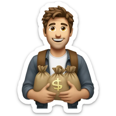 a happy guy with brown hair showing 2 money bags  sticker