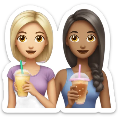 Woman with long hair and woman with short hair drinking bubble tea sticker