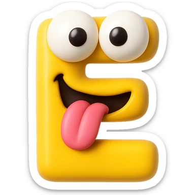 A 3D emoji in iOS emoji aesthetic style of the letter "E" personified with two large bulging, slightly cross-eyed eyes and a playful crazy expression, tongue sticking out, glossy rounded surfaces, vibrant color, clean white background.
 sticker