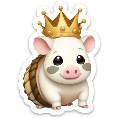 Beige and white piebald chubby round armadillo pig panda centipede armadillo wearing a crown sticker