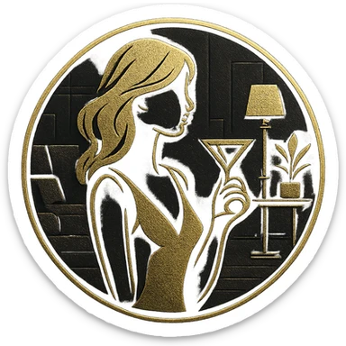 luxurious, elegant logo in a circular shape, featuring the golden silhouette of a woman holding a martini glass. The background includes a stylish modern interior: a cozy couch, a side table with a lamp and a plant. The design uses black and gold colors with a premium, classy aesthetic, perfect for a high-end lounge or adult club branding. Vector-style, clean lines, embossed metallic effect sticker