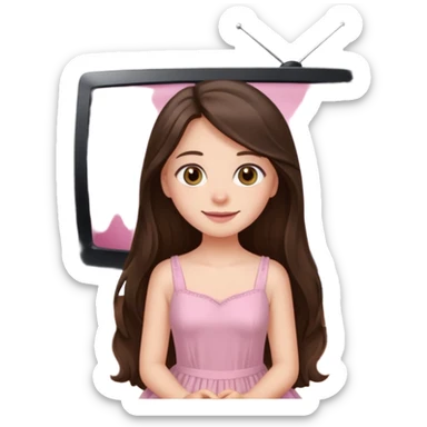 happy long haired brunette girl hazel eyes in light pink watching tv sticker