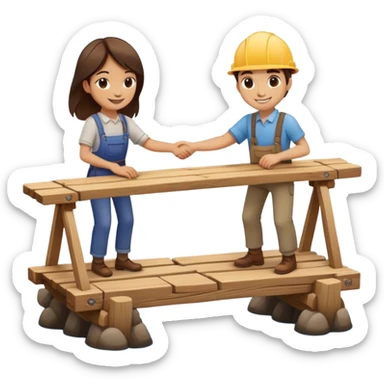 Two people working together on a small bridge, metaphor for building trust sticker