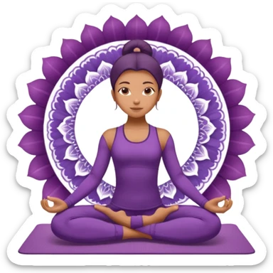 A woman in a purple yoga outfit resting in child’s pose, peaceful feeling, gentle mandala texture in background. sticker