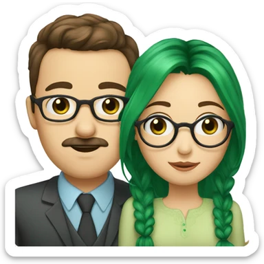 A man with brown hair blue eyes and a mustache is kissing a green haired girl who is thin with green eyes and wearing glasses sticker
