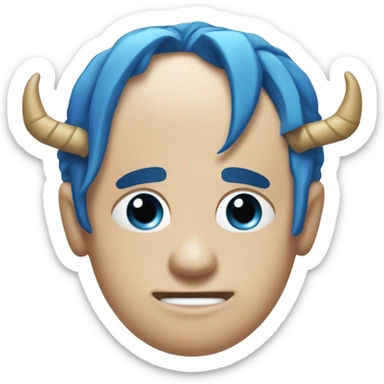 visage déterminé et expressif, avec des yeux intenses, des cornes rappelant celles d'un oni et de longs cheveux blancs teintés de bleu aux extrémités, souvent attachés en une queue de cheval haute. sticker