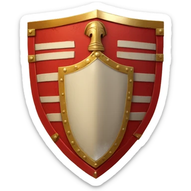 A bright red, rectangular-shaped Roman legionary shield with bold golden edges and a central gold boss. The shield features subtle geometric patterns and a worn texture, symbolizing both protection and battle readiness sticker
