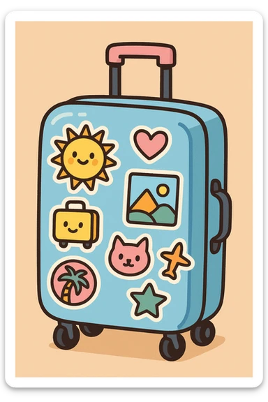 blue pastel suitcase on wheels, covered in colorful travel stickers, bold outlines, flat color fills, sharp shadows and highlights, white sticker border, hand-drawn cartoon style sticker