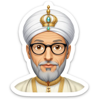Jeff Goldblum no glasses as a regal portrait dressed as suleiman-the-magnificent,-depicted-as-a-regal-ottoman-sultan-adorned-with-a-large,-white,-round,-tall-turban-and-a-majestic-grey-beard,-his-commanding-gaze-bathed-in-warm,-historic-lighting-that-exudes-time with a large long beard **no glasses** sticker