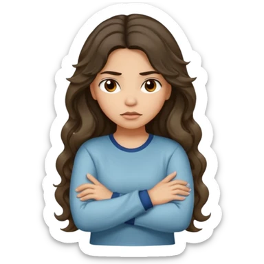 Hispanic light tan girl with long dark wavy hair with arms folded while pouting. Wearing a long sleeve. Hair with middle part. sticker